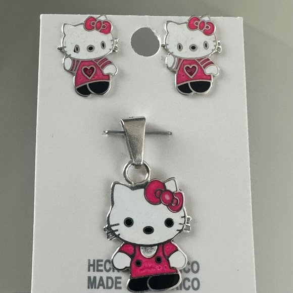 Hello Kitty Silver 925 Earrings & Pendant Set Trendy Girls Jewelry Made In Mexic - Picture 1 of 10